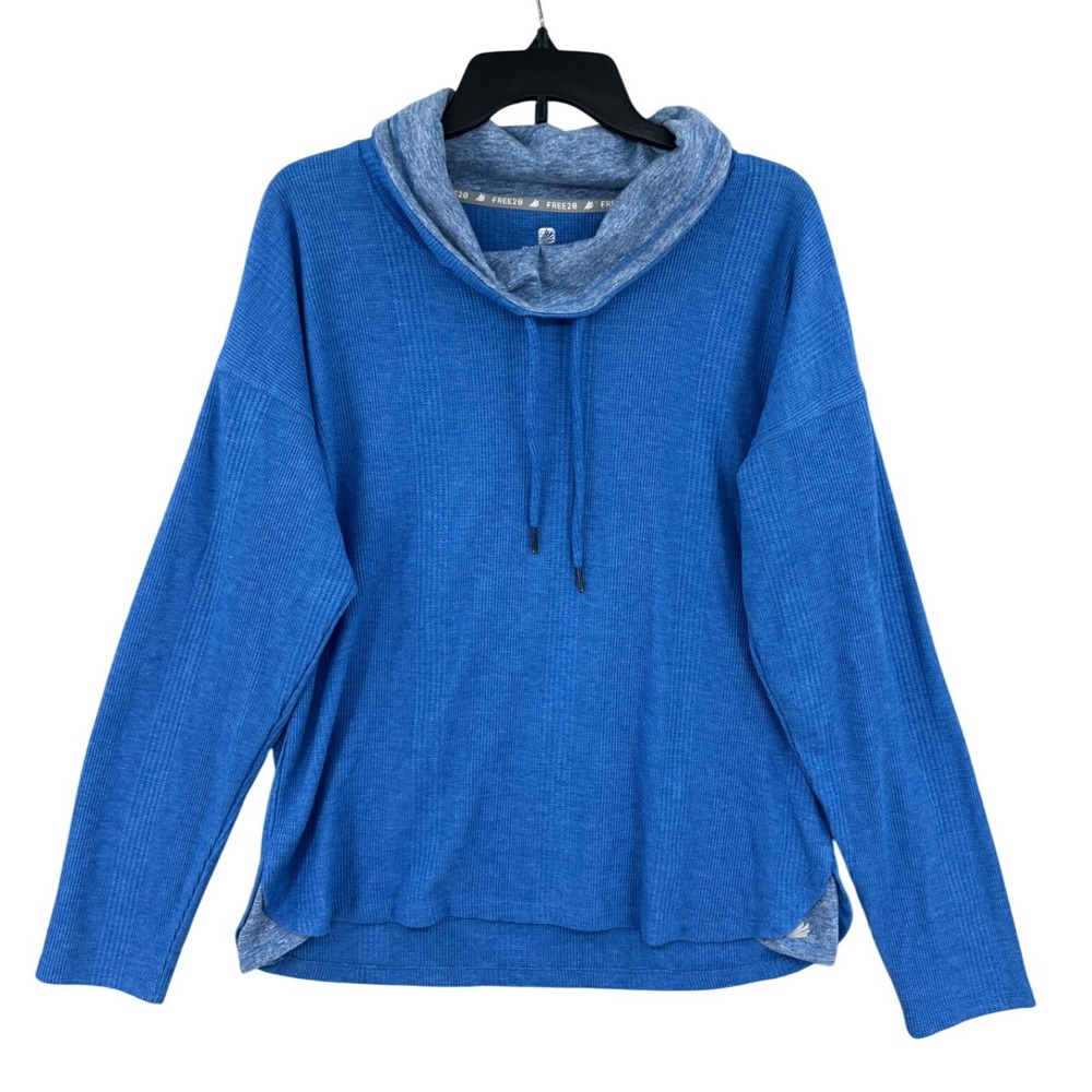 Free2B Waffle Knit Cowl Neck Drawstring Pullover Size XXL Blue Athleisure Cozy
